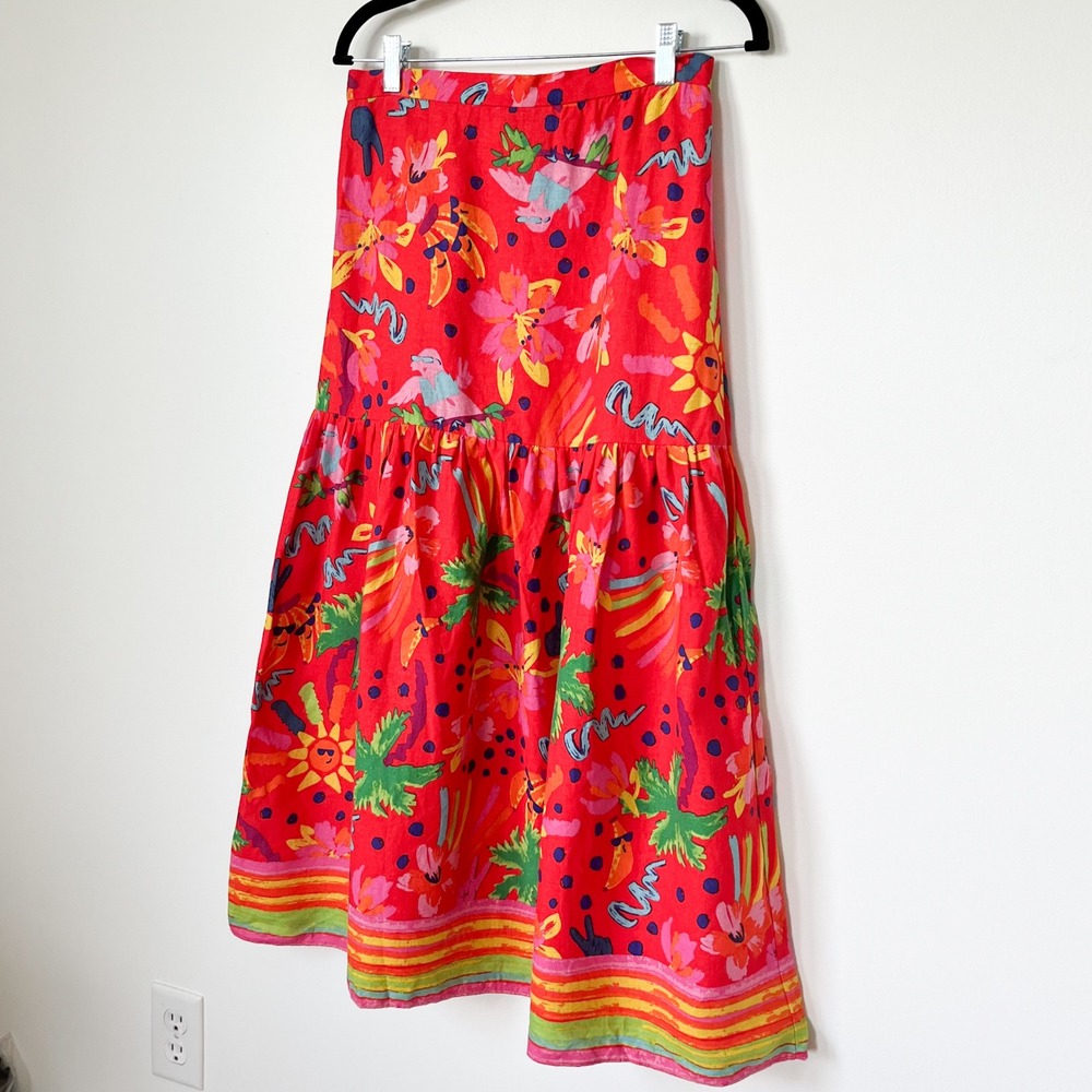 Maison d'Amelie Paris Linen Blend Tropical Tiered Midi Skirt Small Red Multi - Picture 3 of 13